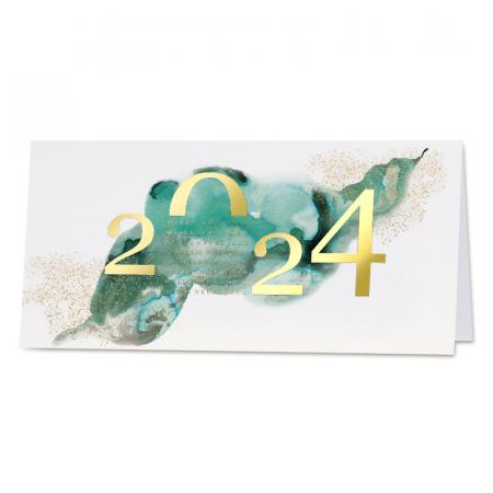 Exclusieve nieuwjaarskaart met groene aquarel en goudfolie