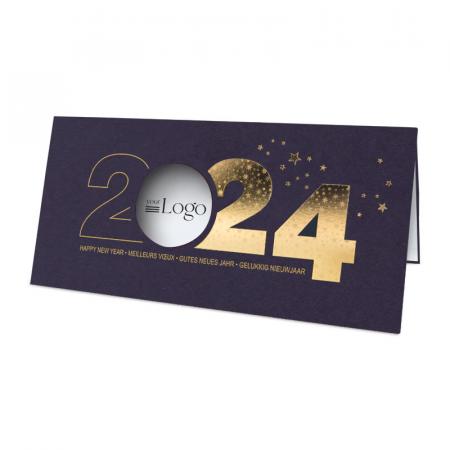 Internationale nieuwjaarskaart met gouden 2024 en uitsnede logo