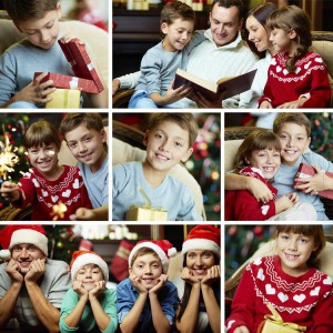 Collage of happy family on Christmas evening
