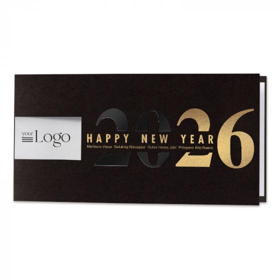 Chique zwarte nieuwjaarskaart HNY met 2026 in goud en zwart