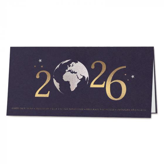 Donkerblauwe zakelijke nieuwjaarskaart 2026 met wereldbol in goud- & zilverfolie