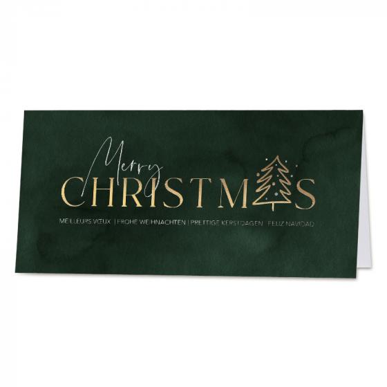 Donkergroene kerstkaart Merry Christmas in goud- en zilverfolie
