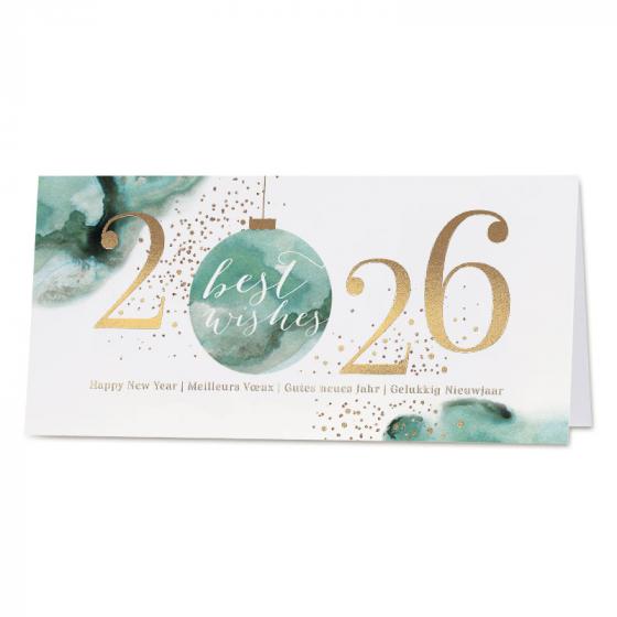 Elegante nieuwjaarskaart 2026 met aquarellook en goudfolie