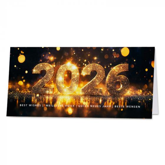 Fonkelende nieuwjaarskaart 2026 in goudtinten