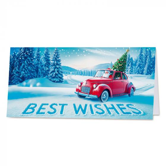 Grappige kerstkaart met rode oldtimer en kerstboom in winters landschap