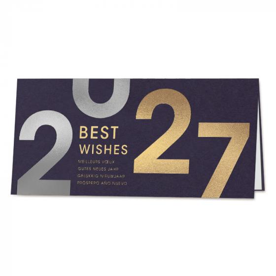 Kerstkaart bold 2027 in goud-en zilverfolie op blauw papier