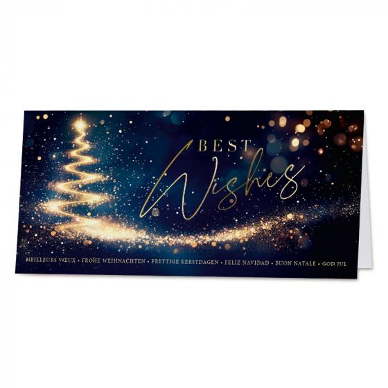 Kerstkaart met fonkelende lichtboom en feestelijke glans