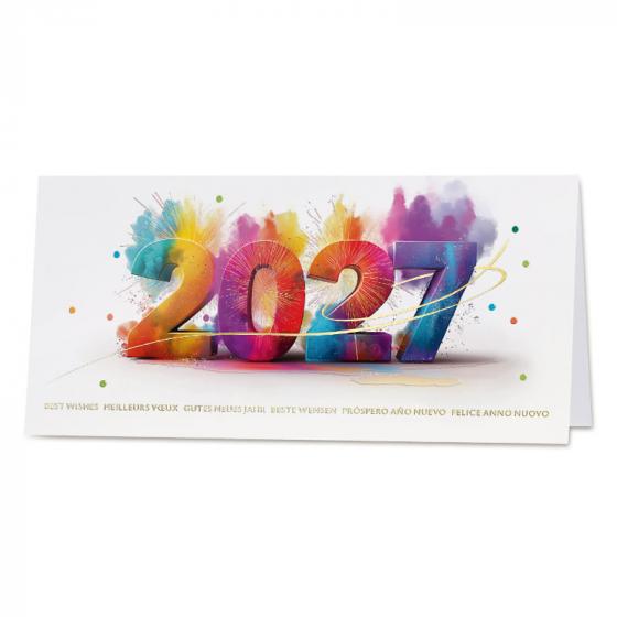 Kerstkaart met kleurrijk 2027-design