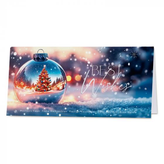 Kerstkaart met prachtige kerstboom in glanzende kerstbal Best Wishes