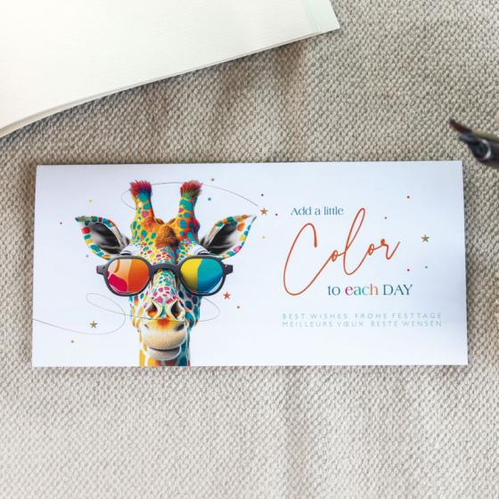 Kleurrijke kerstkaart met leuke giraf
