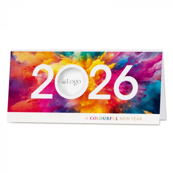 Kleurrijke nieuwjaarskaart met jaartal en ronde uitkap voor logo