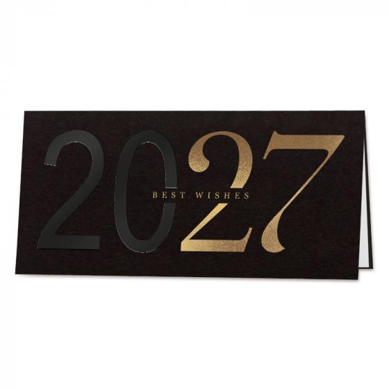 Minimalistische zwarte kerstkaart 2027 in goud en zwart