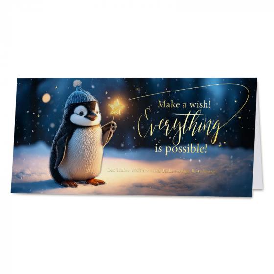 Nieuwjaarskaart met een schattige pinguïn en goudfolie