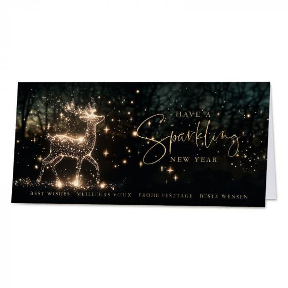 Nieuwjaarskaart met fonkelend rendier in goudfolie