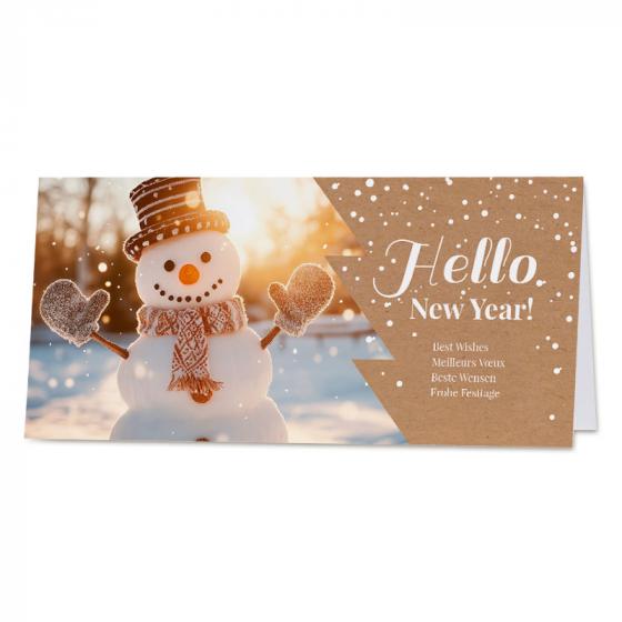 Nieuwjaarskaart met vrolijke sneeuwpop op kraftlook