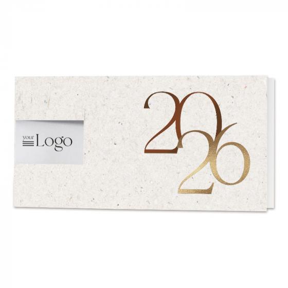 Nieuwjaarskaart recyclelook met venster en 2026 in bruine folie en goudfolie