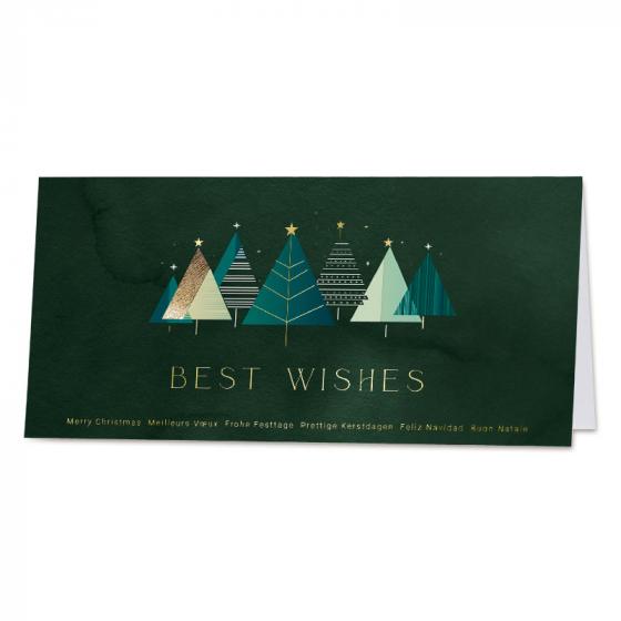 Stijlvolle groene kerstkaart met trendy kerstbomen en goudfolie