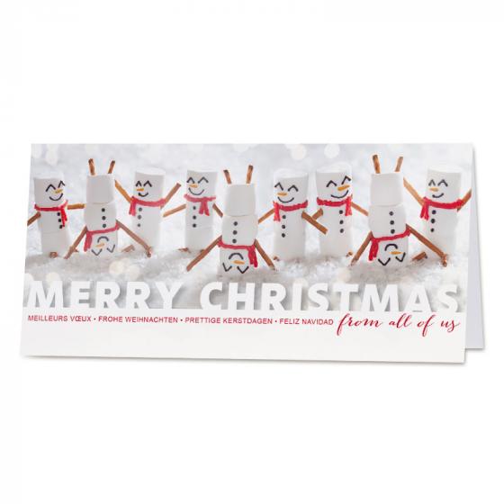 Vrolijke kerstkaart met sneeuwmannetjes