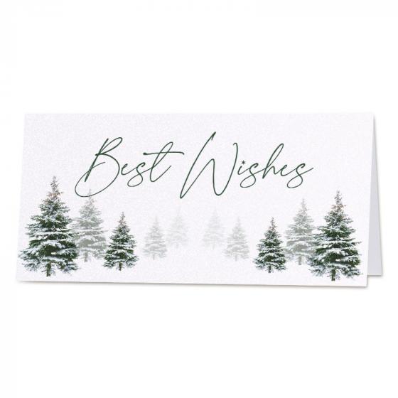 Winterse kerstkaart met besneeuwde dennenbomen en Best Wishes