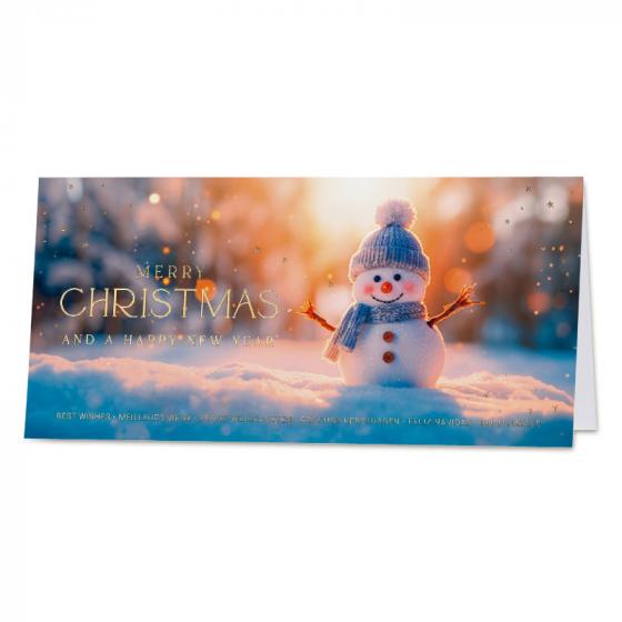 Winterse kerstkaart met vrolijke kerstman en wensen in goudfolie