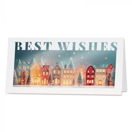 Zakelijke kerstkaart winterse huisjes met Best Wishes