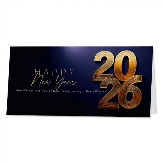 Zakelijke trendy nieuwjaarskaart 2026 met wens in goudfolie
