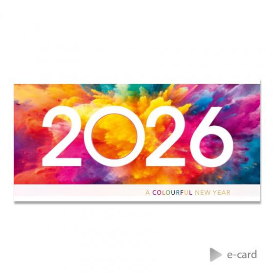 E-card met jaartal 2026 en explosie van kleuren- Engelse slogan