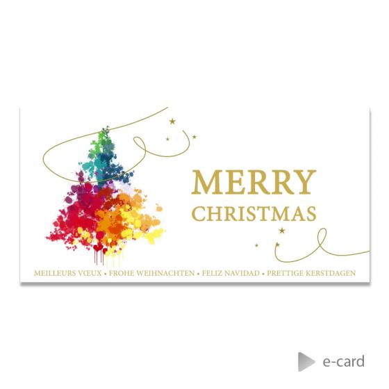 E-card met kleurrijke kerstboom en Merry Christmas