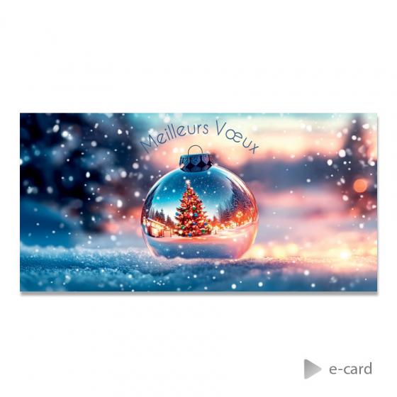 Sfeervolle e-card met glanzende kerstbal en kerstboom