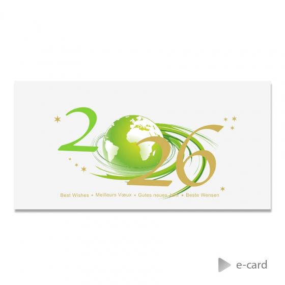 Trendy e-card met groene wereldbol en jaartal 2026