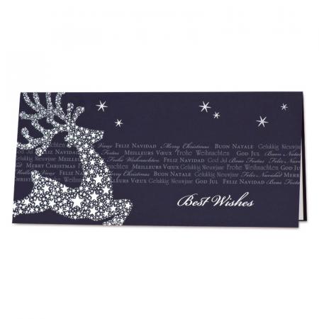 Donkerblauwe kerstkaart met hert in sterren