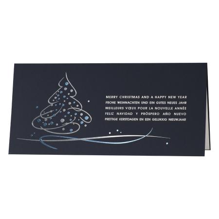Donkerblauwe kerstkaart met kerstboom in zilverfolie en blauwe folie