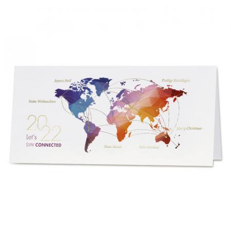 Internationale nieuwjaarskaart met kleurrijke wereldkaart