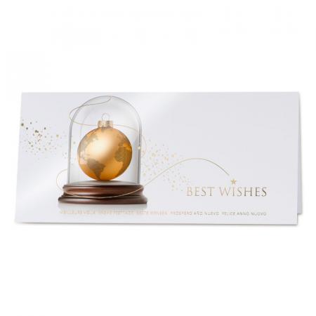 Kerstkaart met gouden wereldbol in stolp