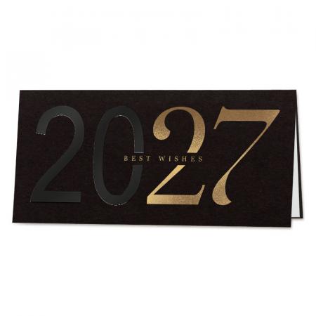 Minimalistische zwarte kerstkaart 2027 in goud en zwart