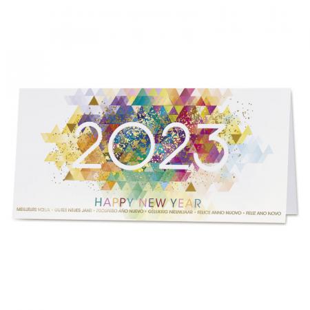 Nieuwjaarskaart 2023 met kleurrijk patroon en goudfolie