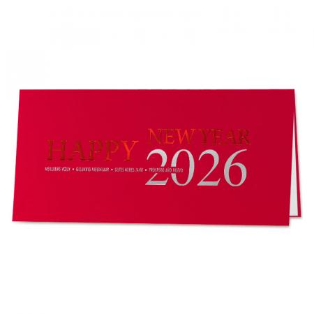 Rode nieuwjaarskaart HNY 2026 met rode folie en zilverfolie