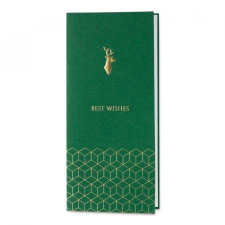 Stijlvolle groene kerstkaart met gouden rendier
