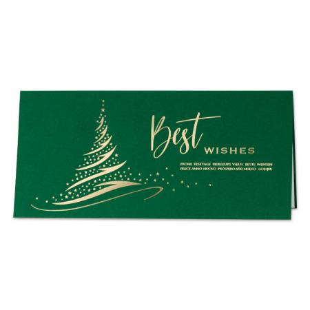 Stijlvolle groene kerstkaart met goudfolie
