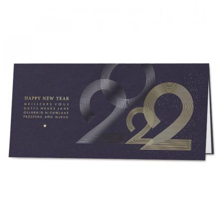 Trendy blauwe nieuwjaarskaart met 22 in gouden structuurfolie