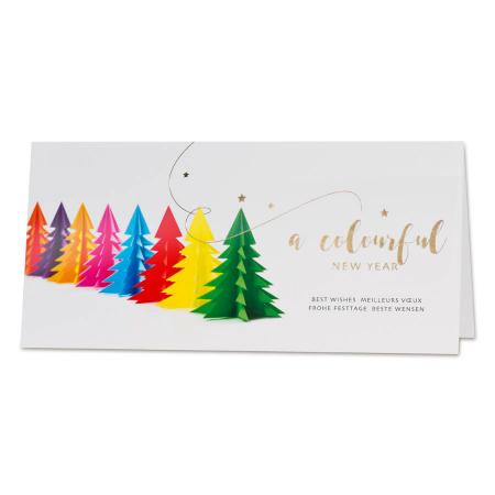 Trendy kerstkaart met kleurrijke kerstbomen