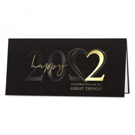 Trendy zwarte nieuwjaarskaart met happy 2022 en quote