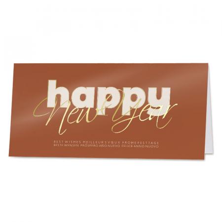 Typografische kerstkaart HNY in beige op terra met goudfolie 