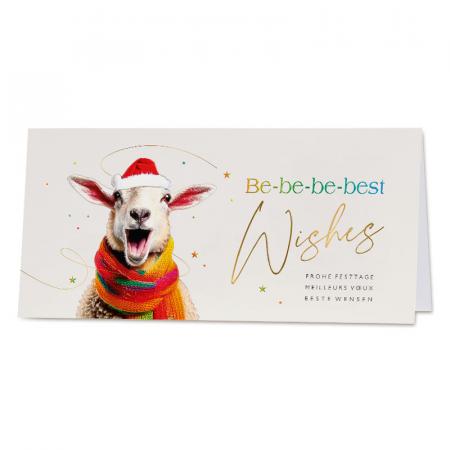 Vrolijke kerstkaart met schaap met kerstmuts en kleurrijke sjaal - ENG