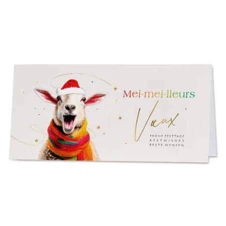 Vrolijke zakelijke kerstkaart met schaap met kerstmuts en kleurrijke sjaal - FR