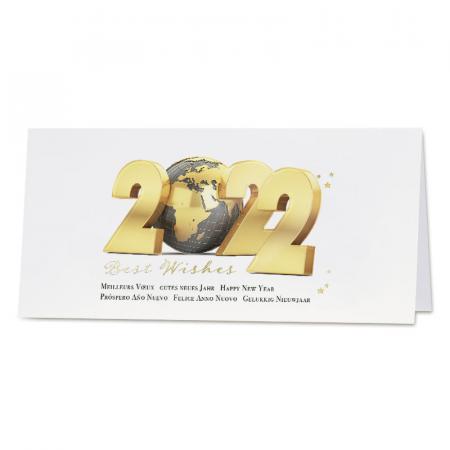 Zakelijke nieuwjaarskaart 2022 met gouden wereldbol