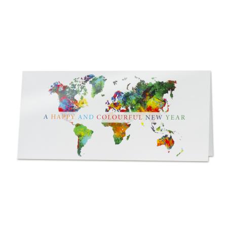 Zakelijke nieuwjaarskaart met kleurrijke werelddelen