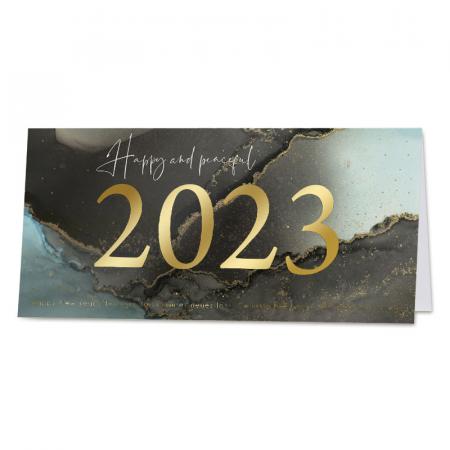 Zakelijke nieuwjaarskaart met trendy achtergrond en gouden 2023