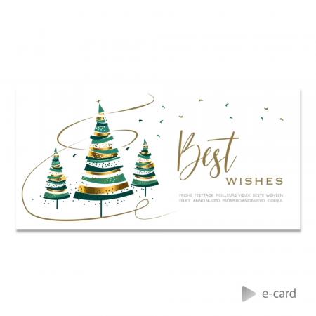 Feestelijke e-card met kerstboompjes in groen en goud