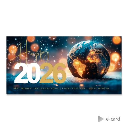 Kleurrijke e-card met wereldbol en jaartal 2026